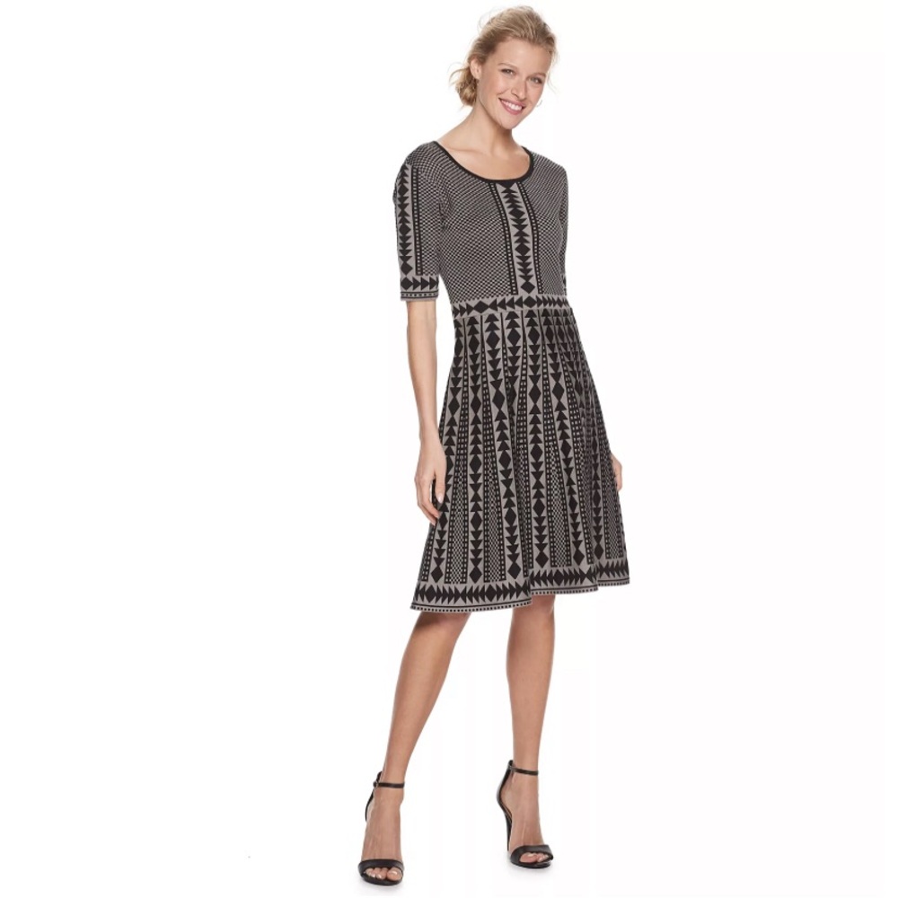 Nina Leonard Geometric Fit & Flare Sweater Dress